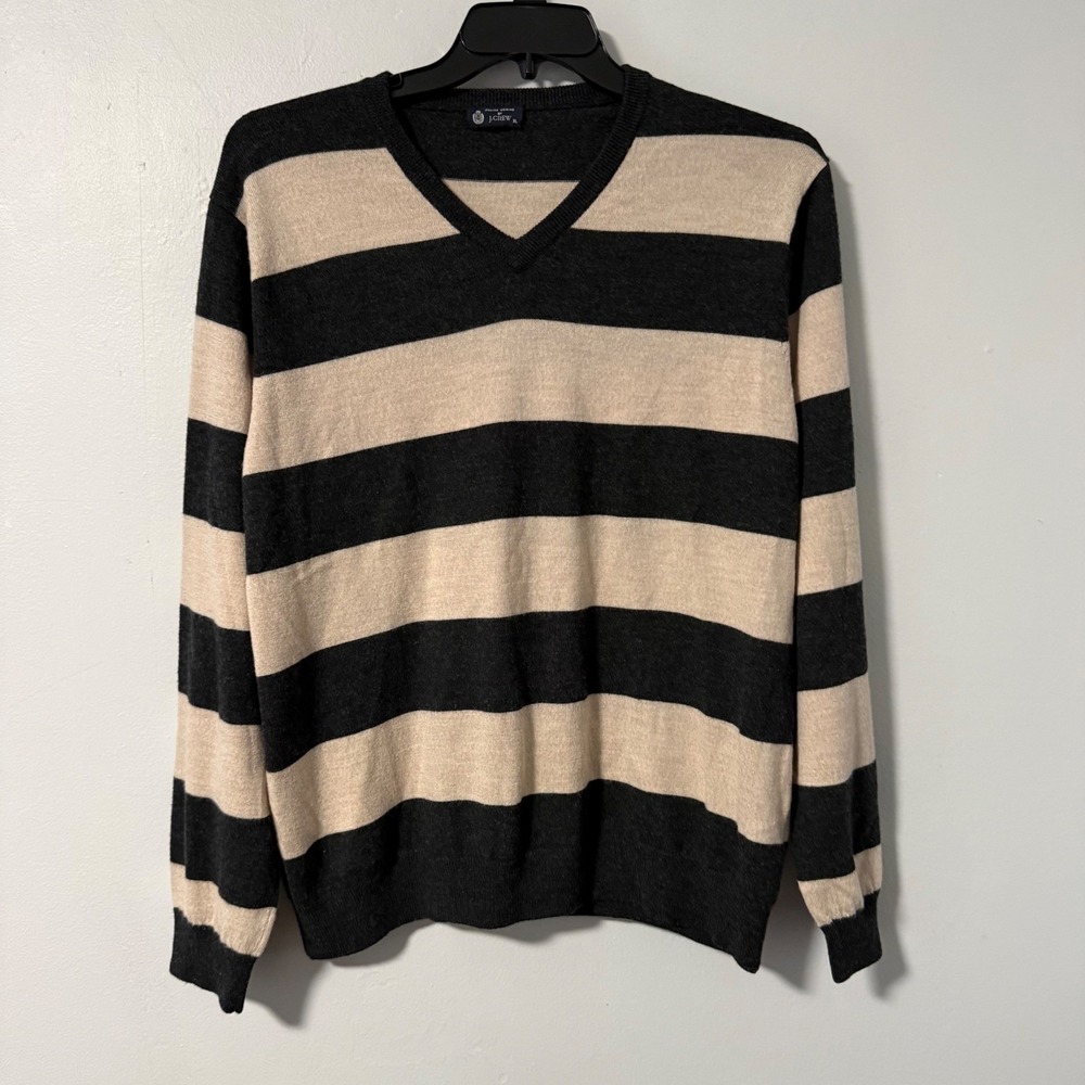 J.Crew Mens XL Italian 100% Merino Wool V-Neck Striped Sweater Charcoal Grey Tan